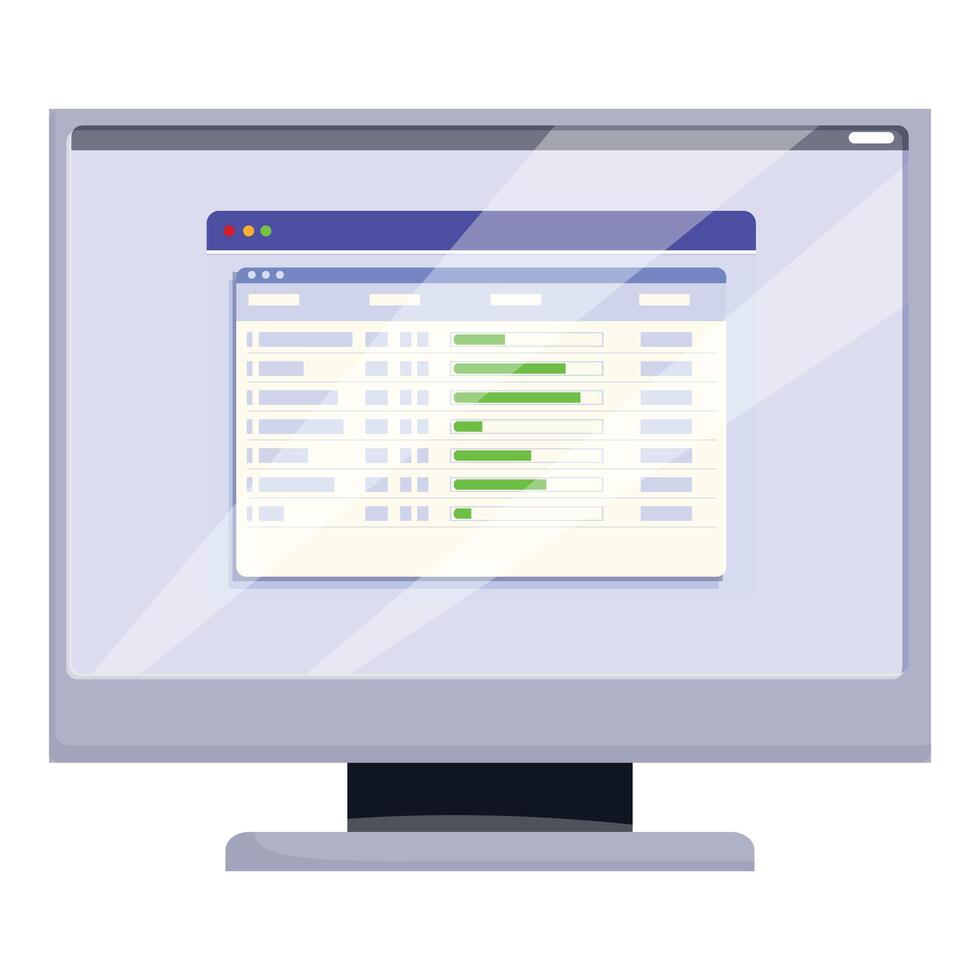 Computer monitor displaying spreadsheet with progress bars for project management vector