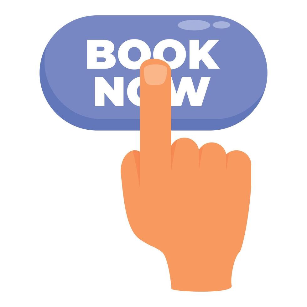Hand pressing book now button making online reservation vector