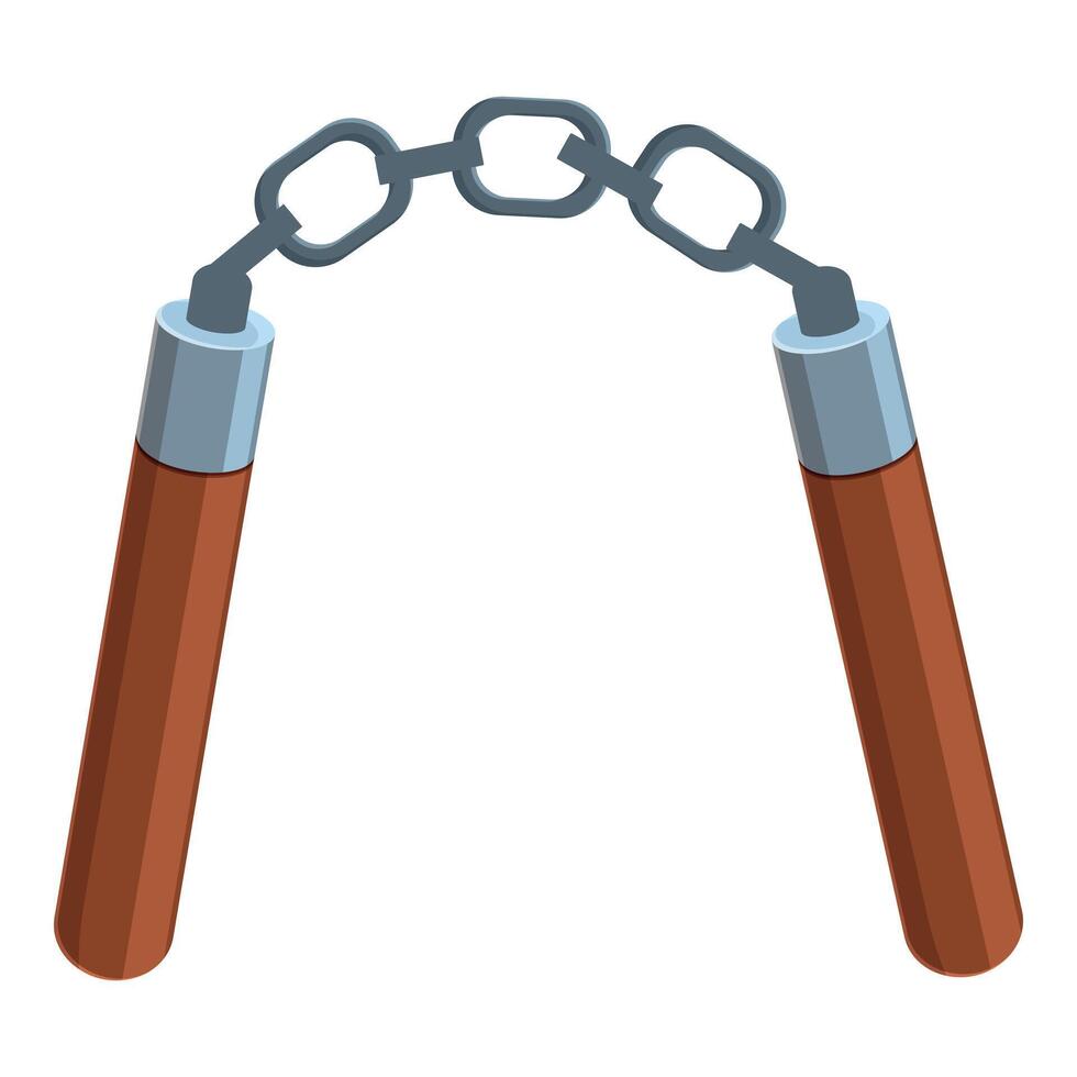 Nunchaku weapon swinging with metal chain connecting two wooden handles vector