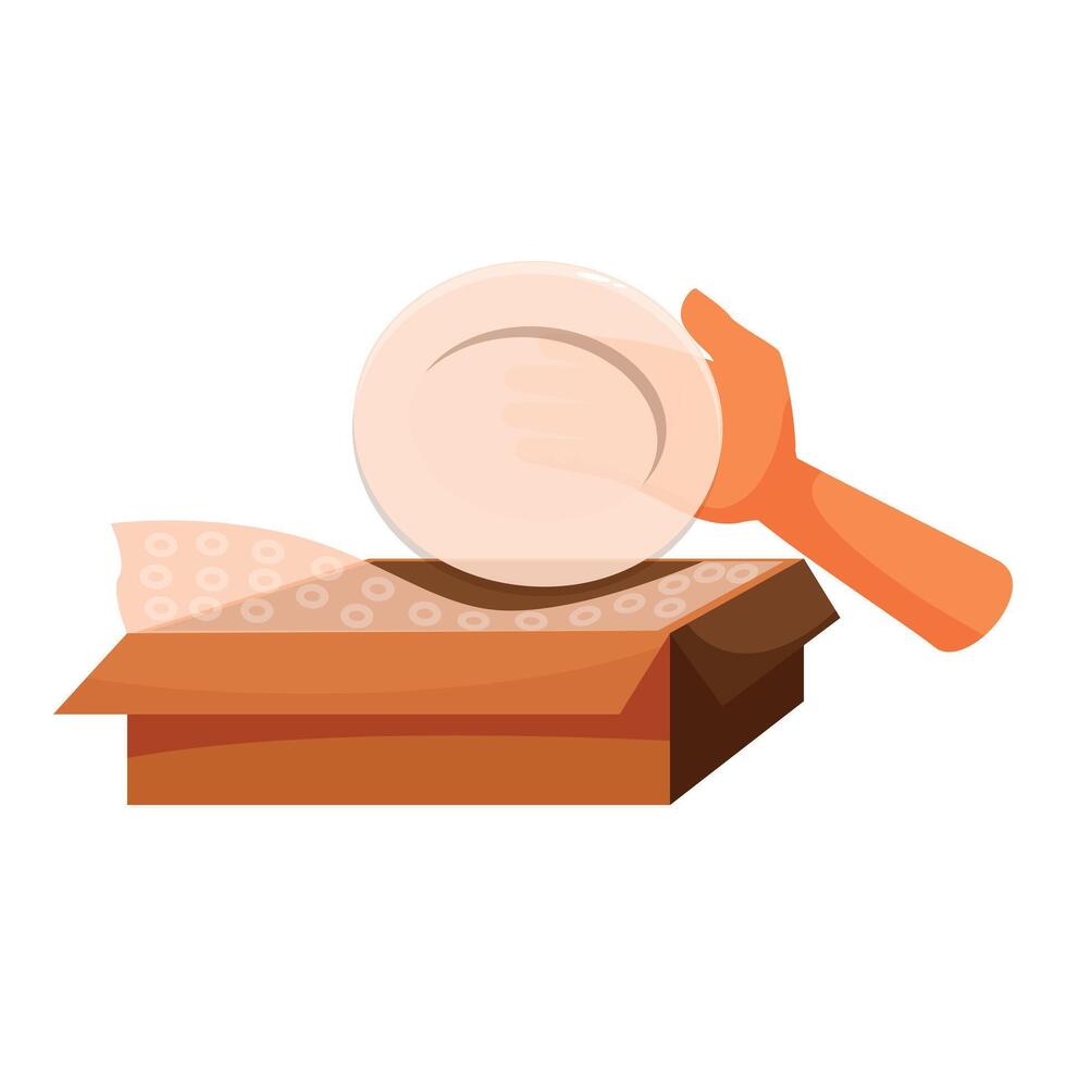Worker packing fragile plate in cardboard box with bubble wrap vector