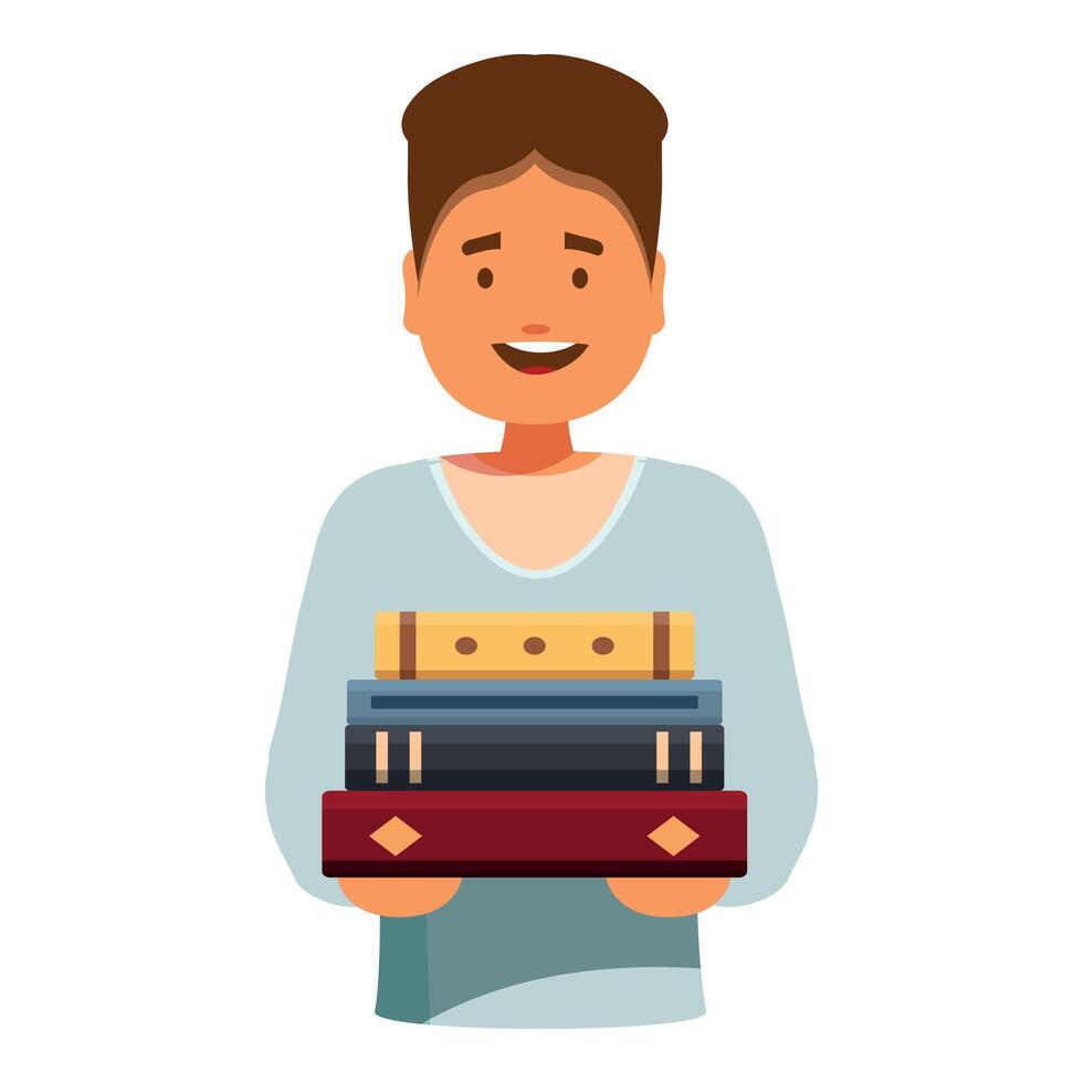 Smiling student holding stack of books, education and knowledge concept vector