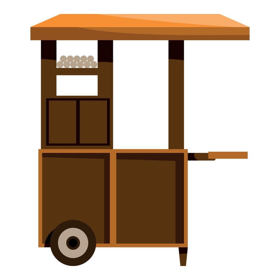 Wooden street food cart with orange roof and storage compartments vector
