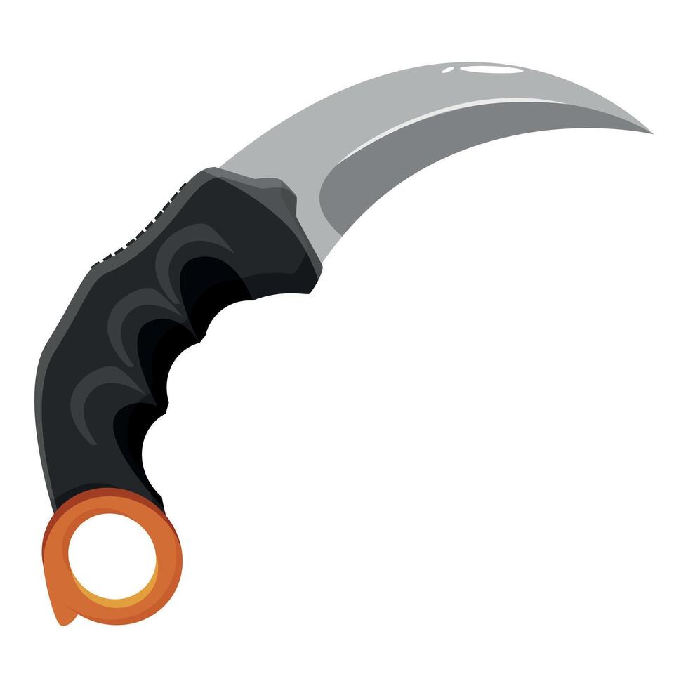 Karambit knife with black handle and orange ring featuring a curved blade vector