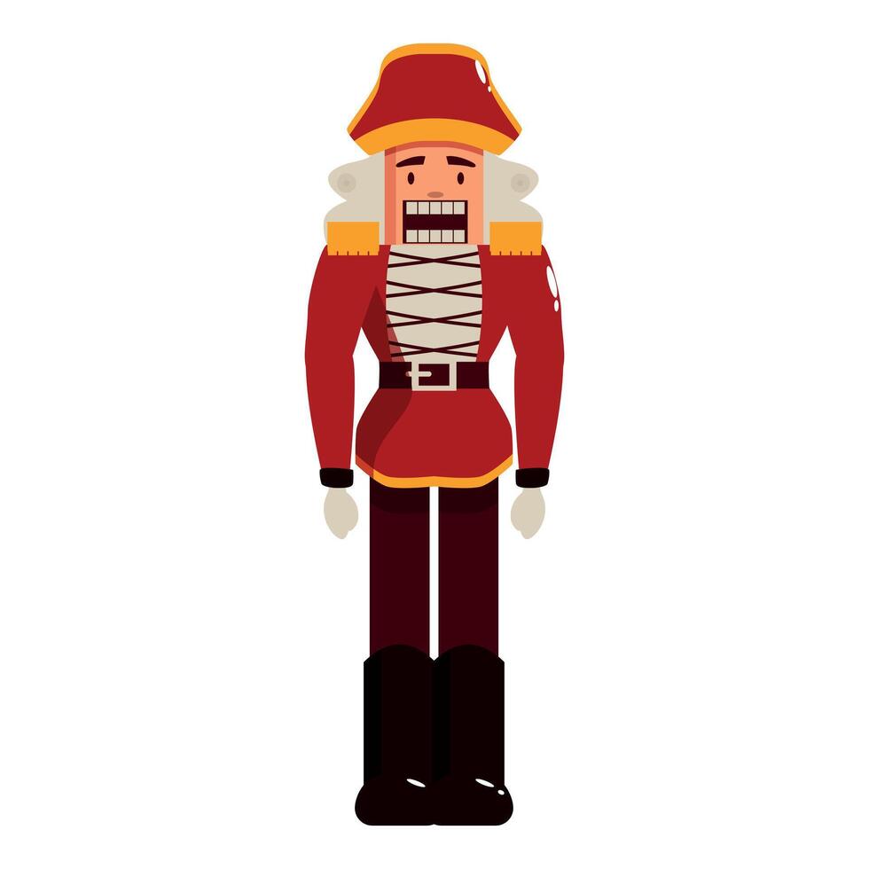 Traditional red wooden nutcracker soldier standing at attention vector