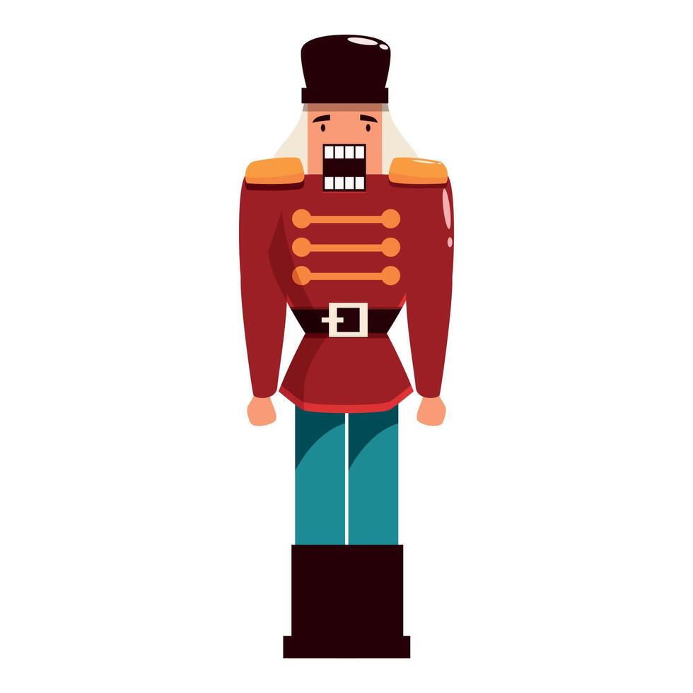 Festive christmas nutcracker soldier toy standing upright with open mouth vector