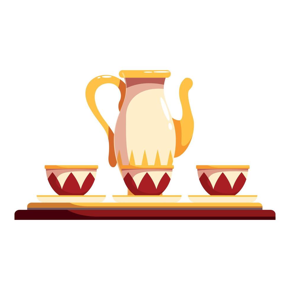 Elegant tea set displayed on wooden shelf, ceramic teapot and cups for a refined tea time vector