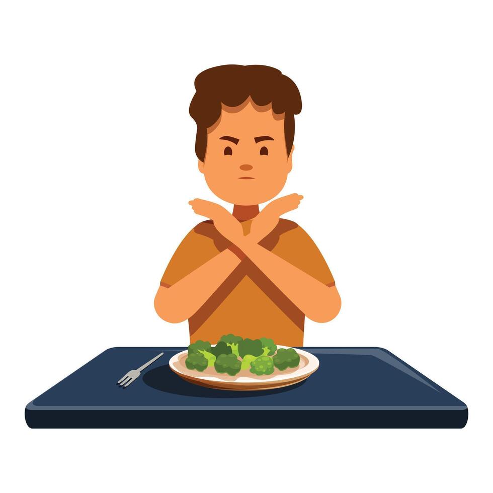 Boy refusing to eat broccoli making cross gesture with arms vector