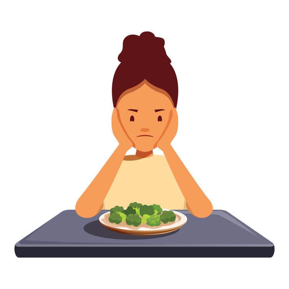 Sad girl refusing eating broccoli at table, unhappy child demonstrating dislike for healthy food vector