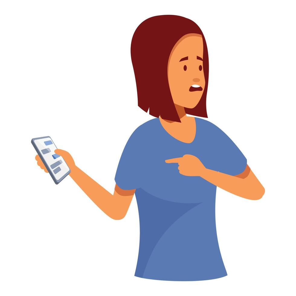Confused woman showing smartphone and pointing at herself with index finger vector