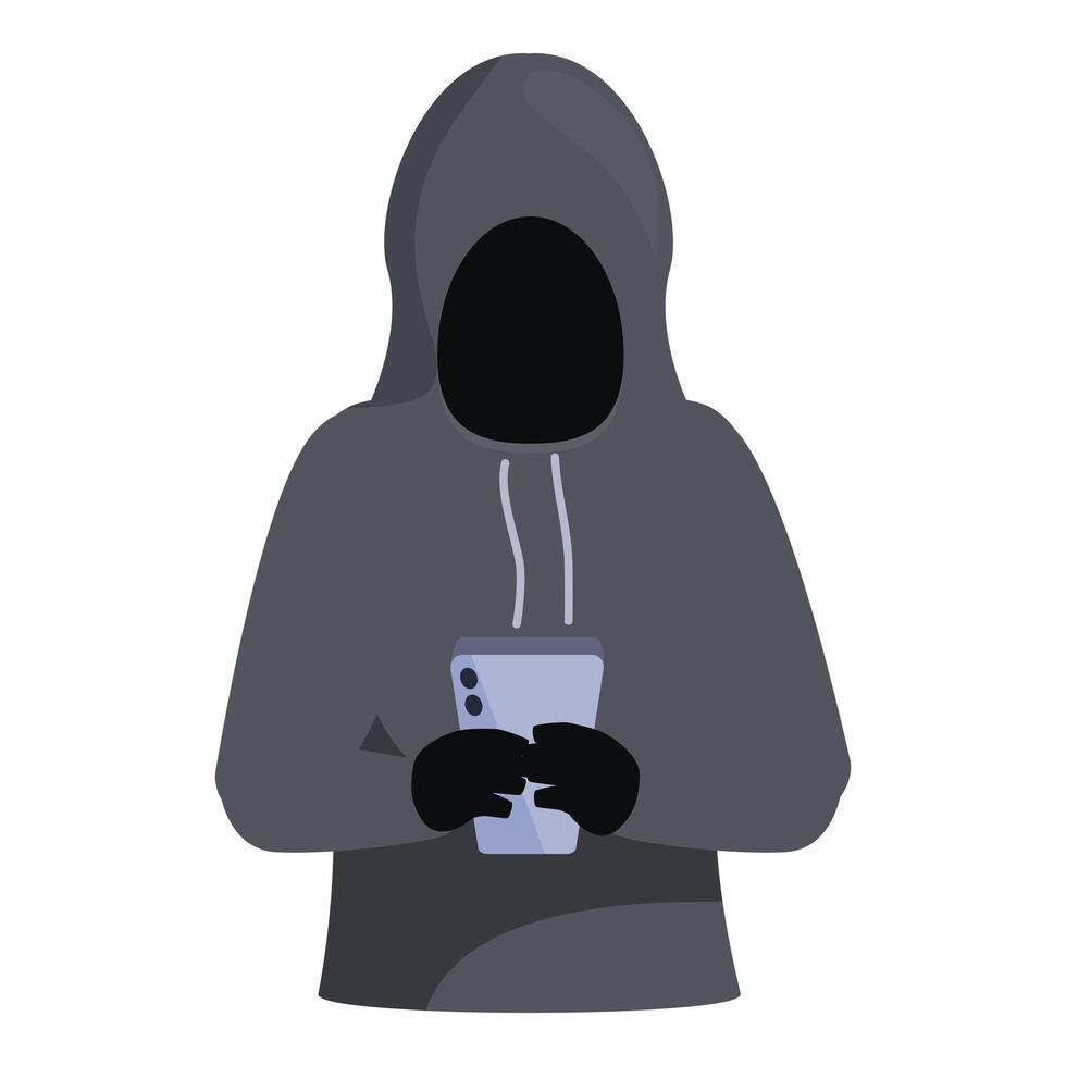 Hacker using smartphone wearing hoodie, cybercrime and data breach concept vector