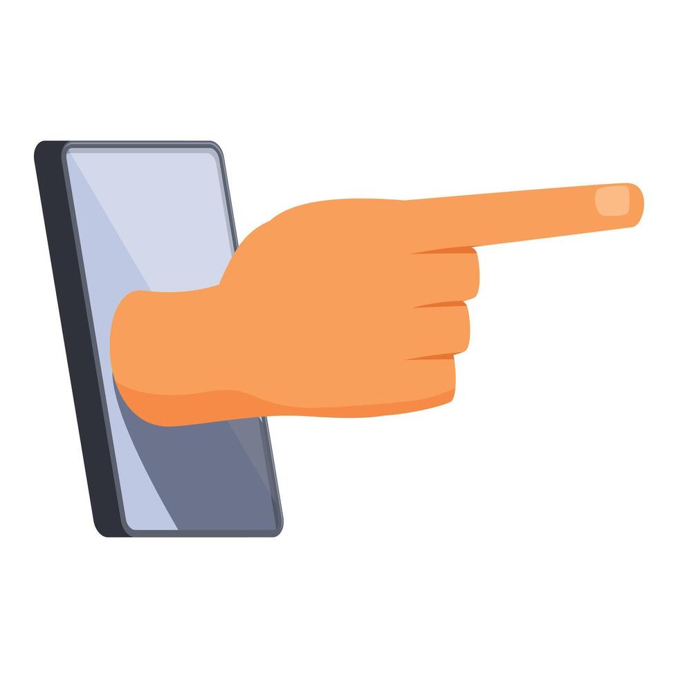 Hand pointing out of smartphone screen indicating direction vector