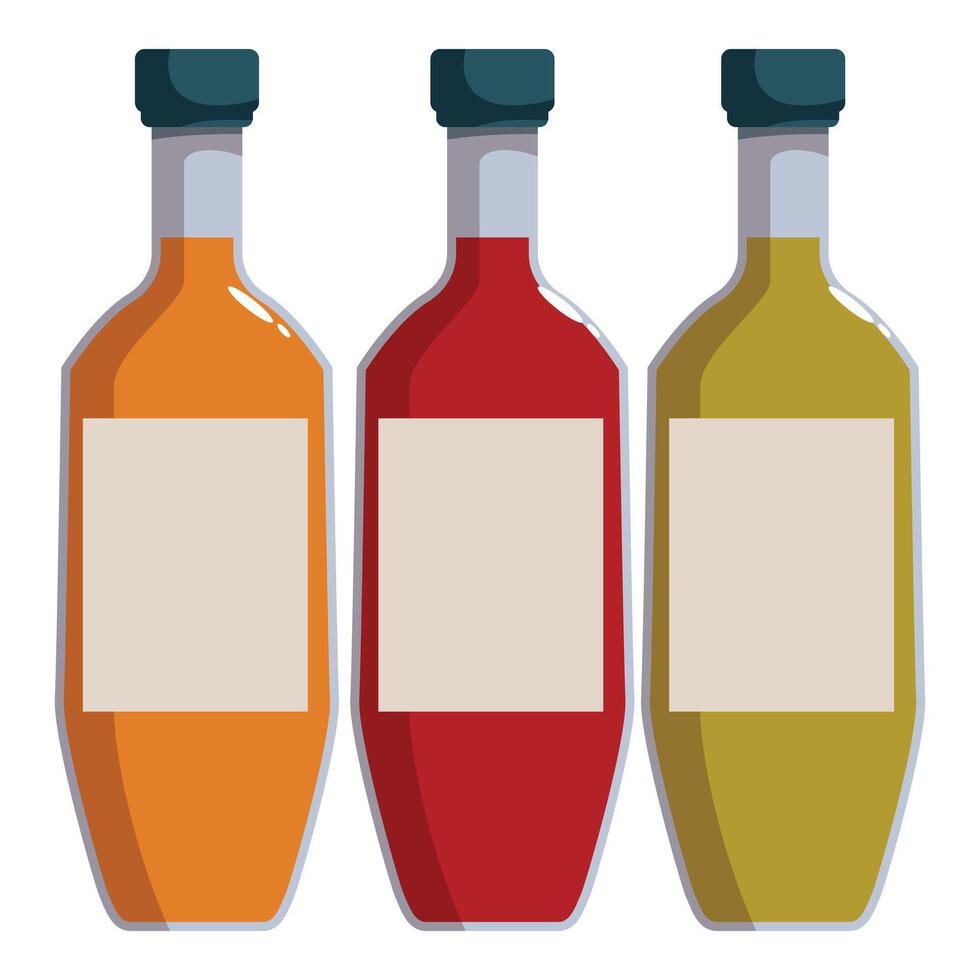 Three colorful bottles with blank labels representing food condiments vector