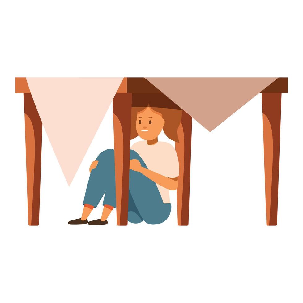 Scared girl hiding under table during earthquake avoiding danger vector