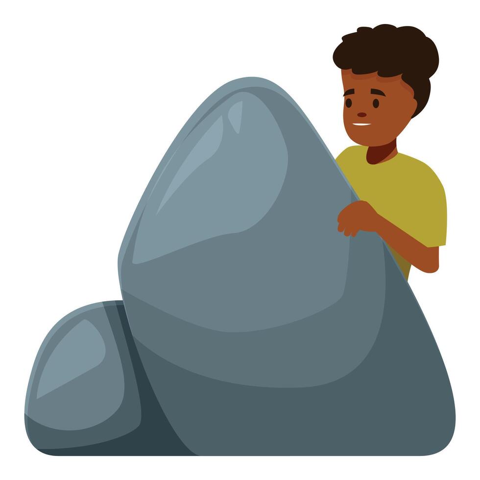 Curious boy hiding behind large rocks, playing hide and seek outdoors vector