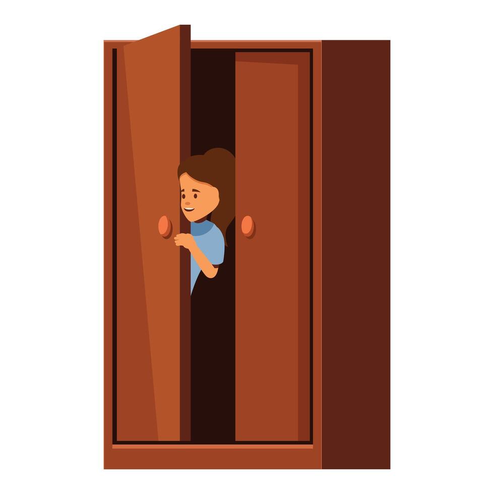 Curious girl hiding inside wooden wardrobe playing hide and seek vector