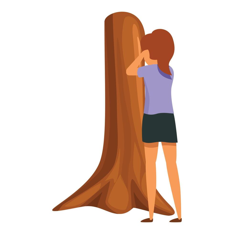 Woman hiding behind tree trunk playing hide and seek in the forest vector