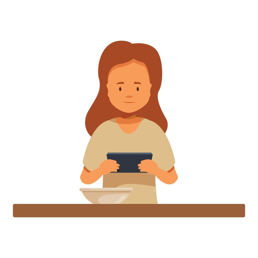 Girl using tablet while having breakfast at kitchen table vector