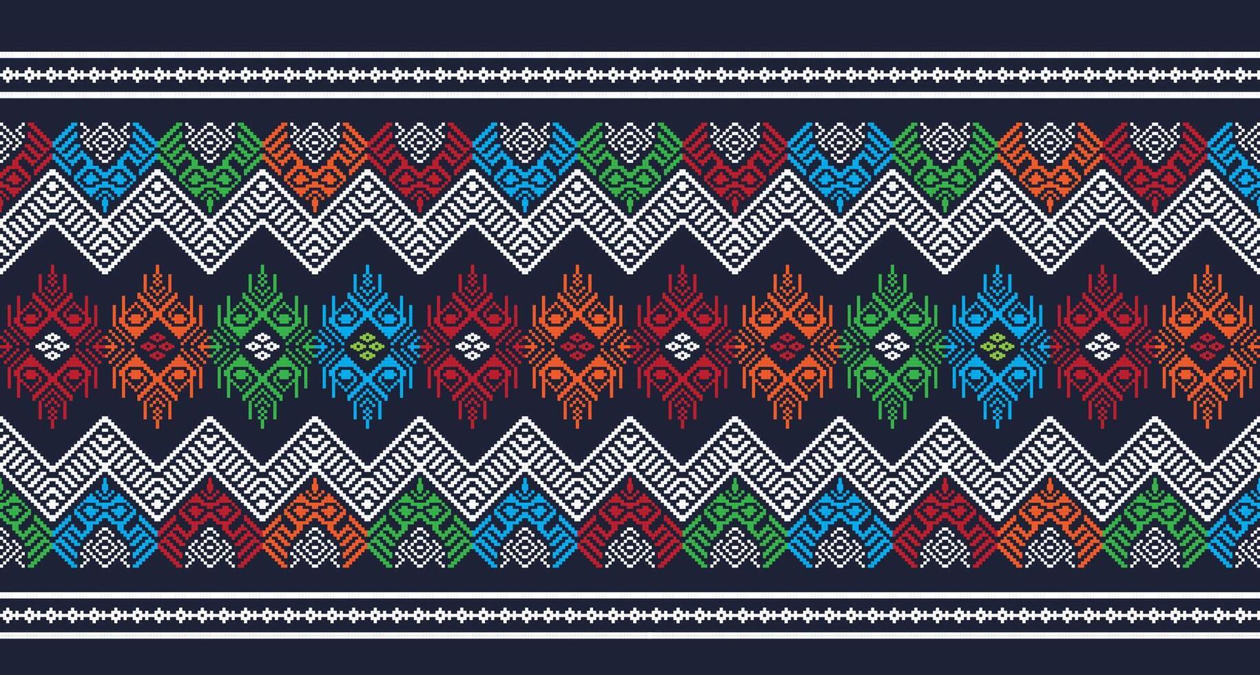 The ethnic pixel pattern on a dark blue background. The pattern is made up of repeating shapes, including diamonds, zigzags, and other geometric elements vector
