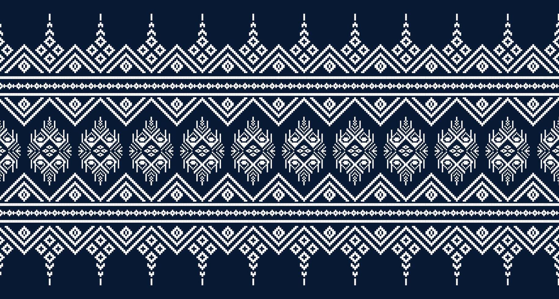 The ethnic pixel pattern on a dark blue background. The pattern is made up of repeating shapes, including diamonds, zigzags, and other geometric elements. vector