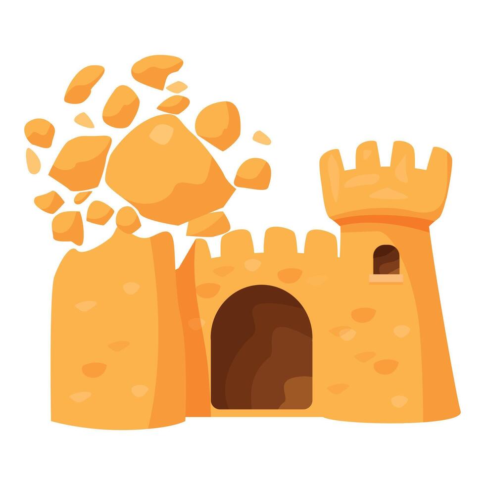 Crumbling sandcastle tower falling apart on beach vector