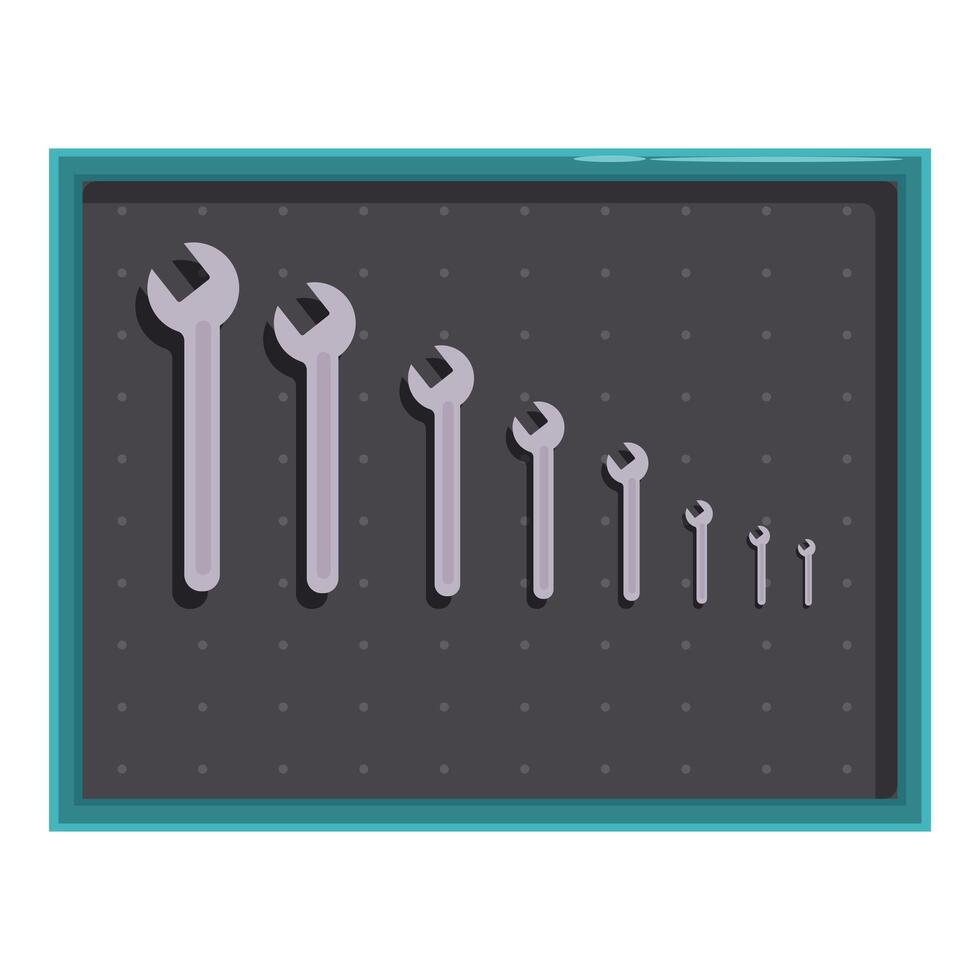 Different sized wrenches hanging in a toolbox, ready for use vector
