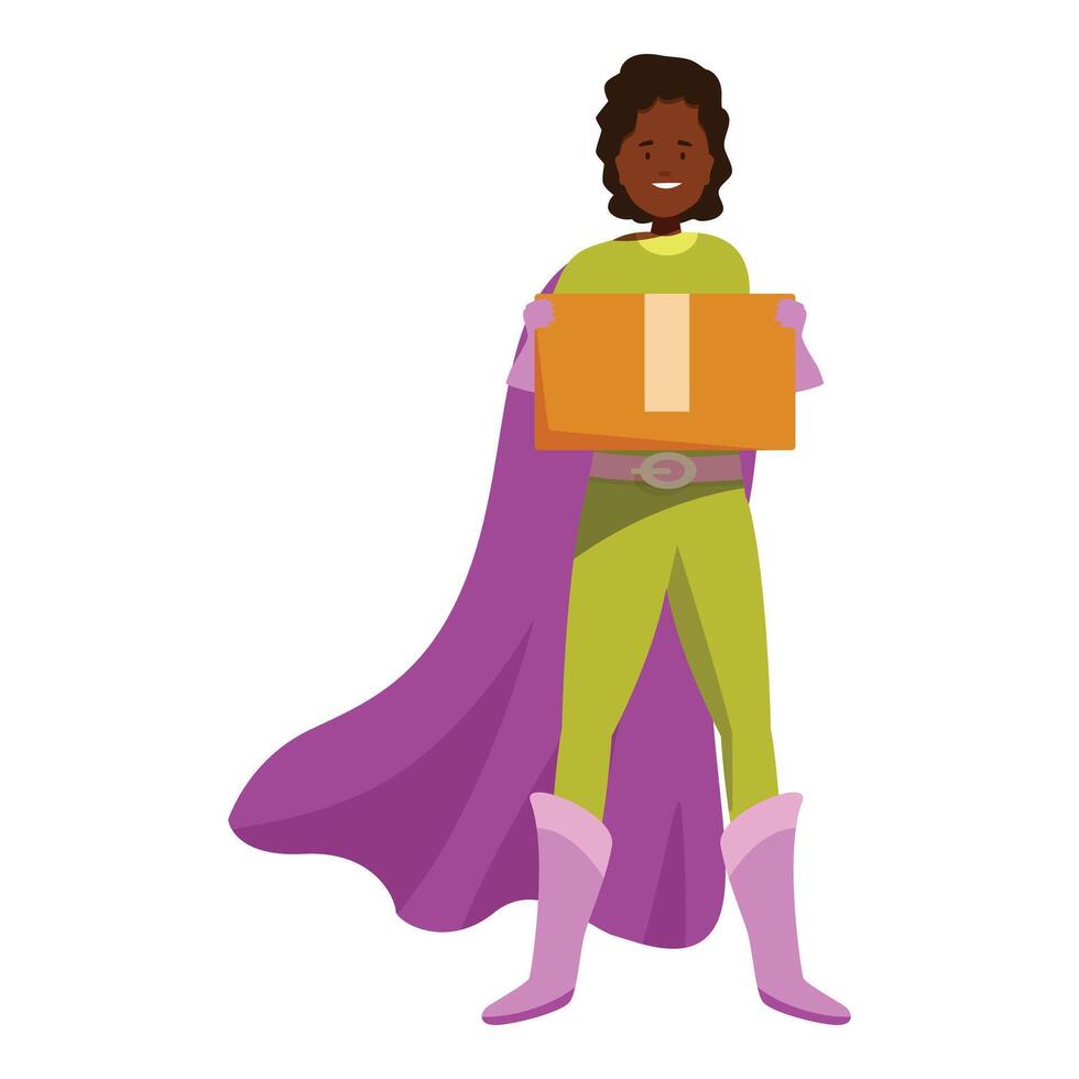 Smiling superhero courier holding a package, fast and reliable delivery service vector