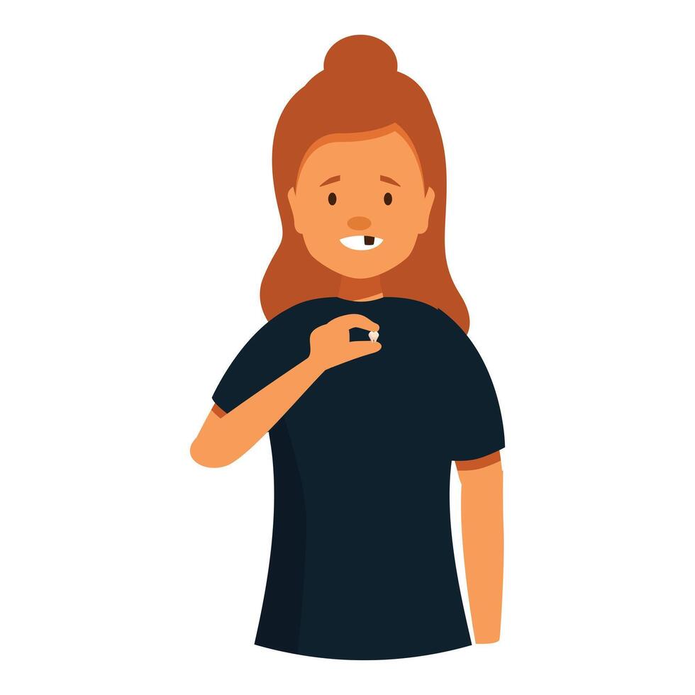 Smiling girl showing missing tooth and holding fallen tooth in hand, dental health and growing up vector