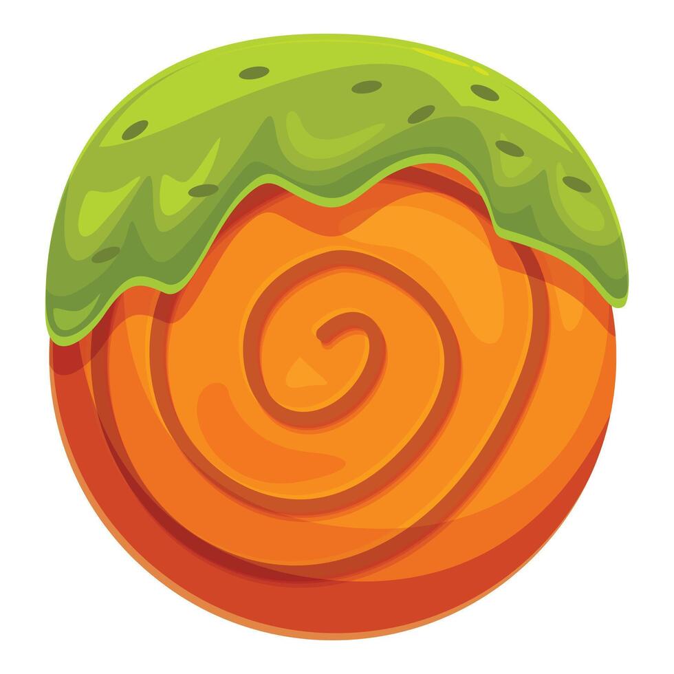 Round orange candy with green icing dripping and swirling pattern vector