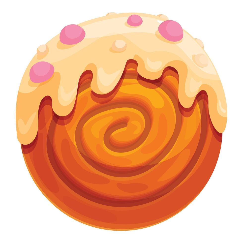Delicious round cinnamon roll topped with white icing and pink sprinkles vector