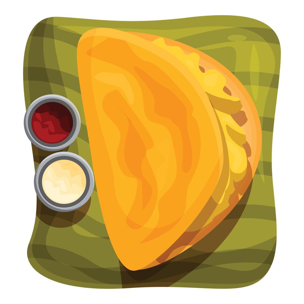 Delicious empanada served on banana leaf with dipping sauces vector