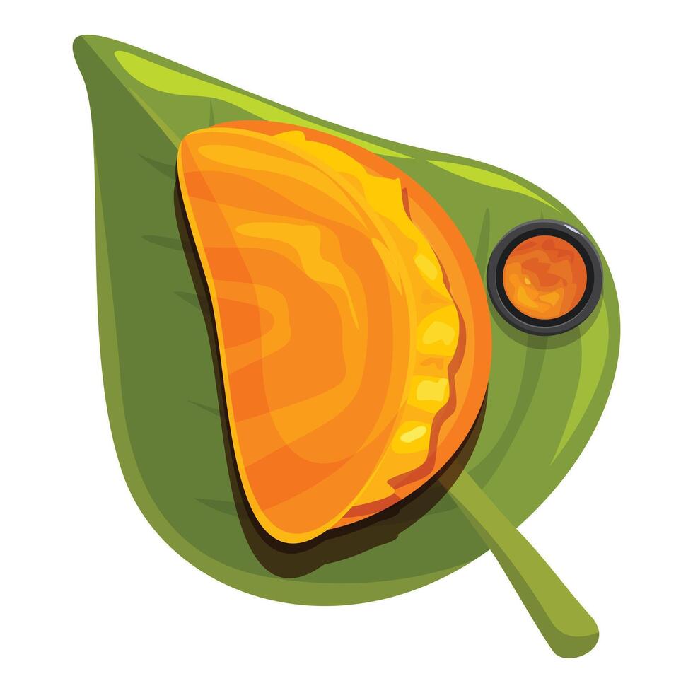 Gujiya indian sweet resting on a green leaf with a bowl of chutney vector