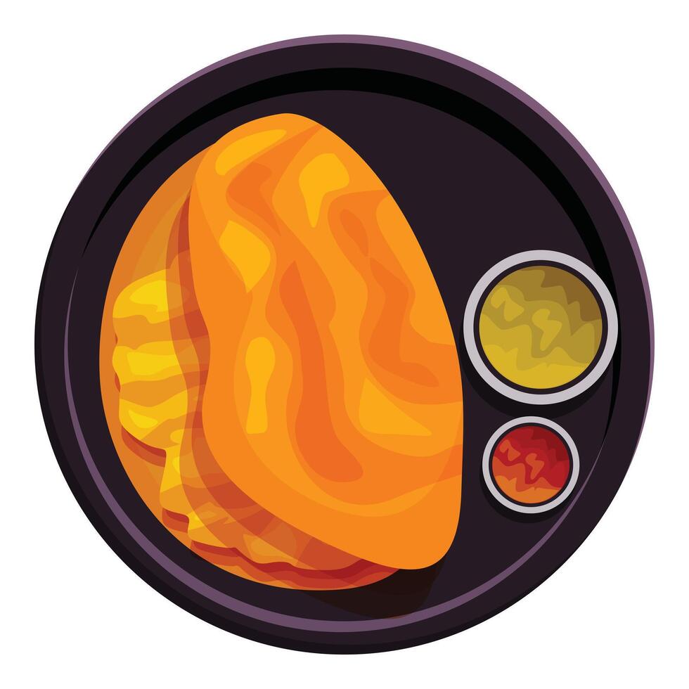 Masala dosa, a popular south indian dish, served on round tray with sambar and chutney vector