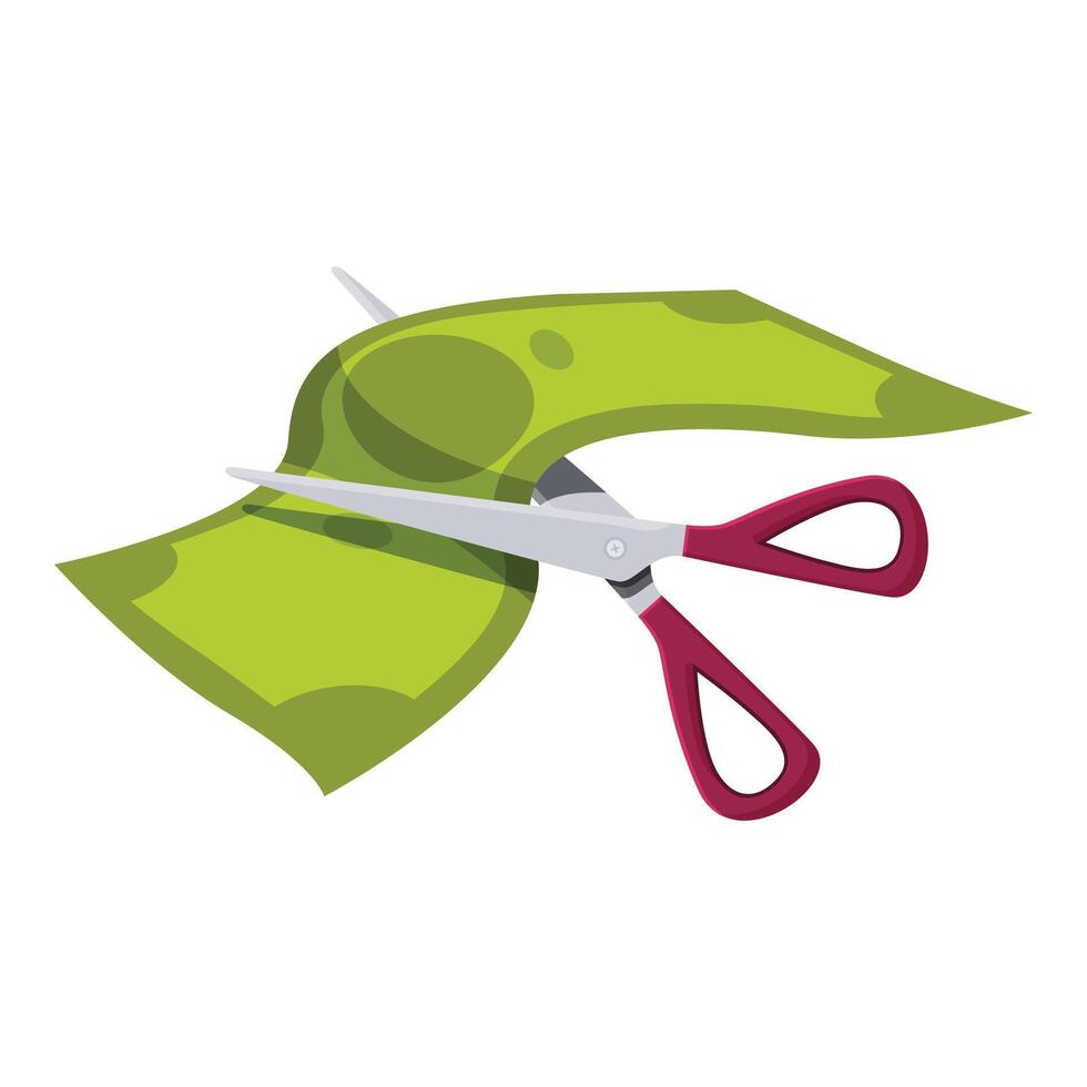 Scissors cutting banknote, reducing expenses and managing budget vector
