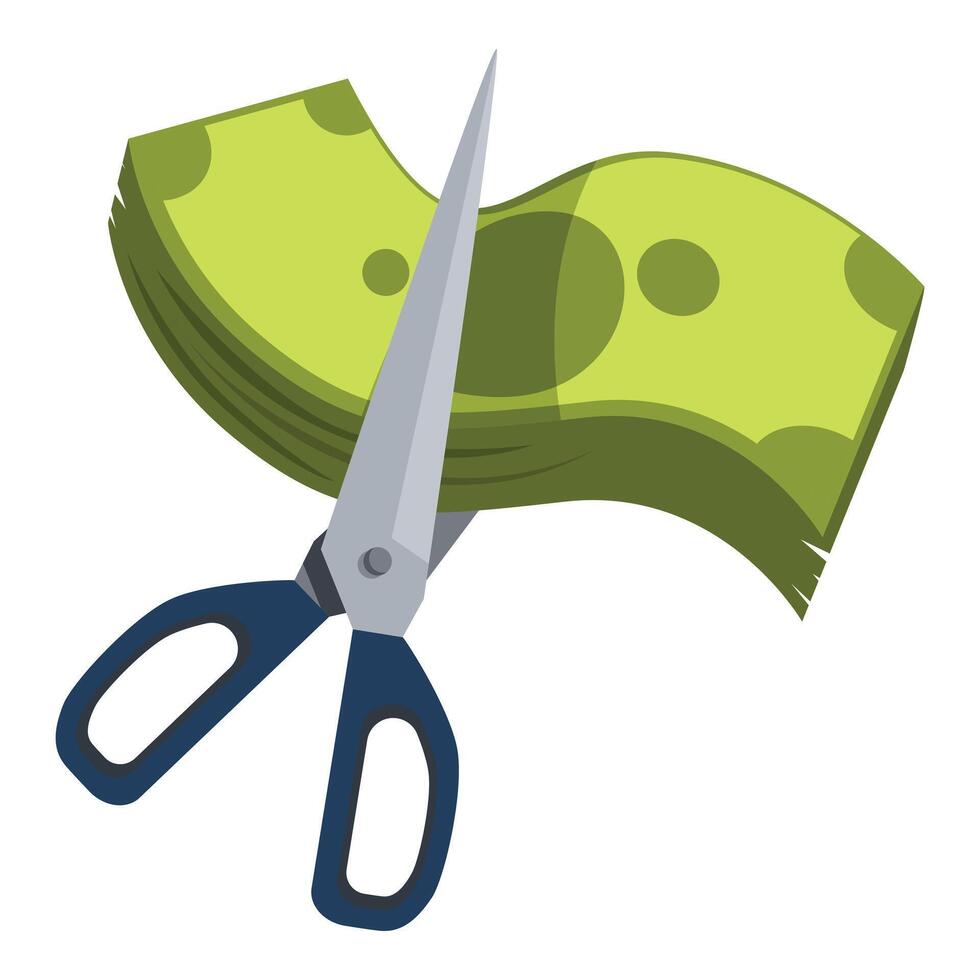 Scissors cutting stack of money, reducing budget and expenses vector