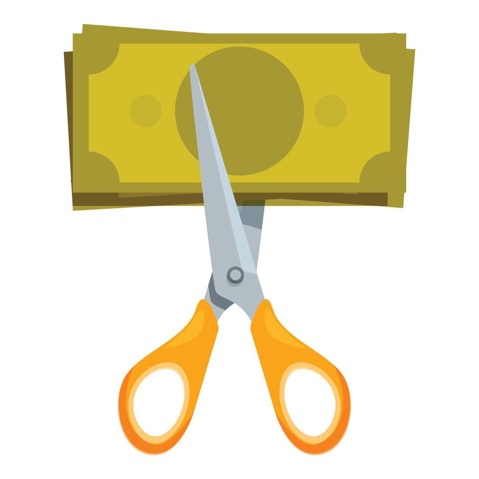 Scissors cutting stack of money, cost reduction and budget saving concept vector