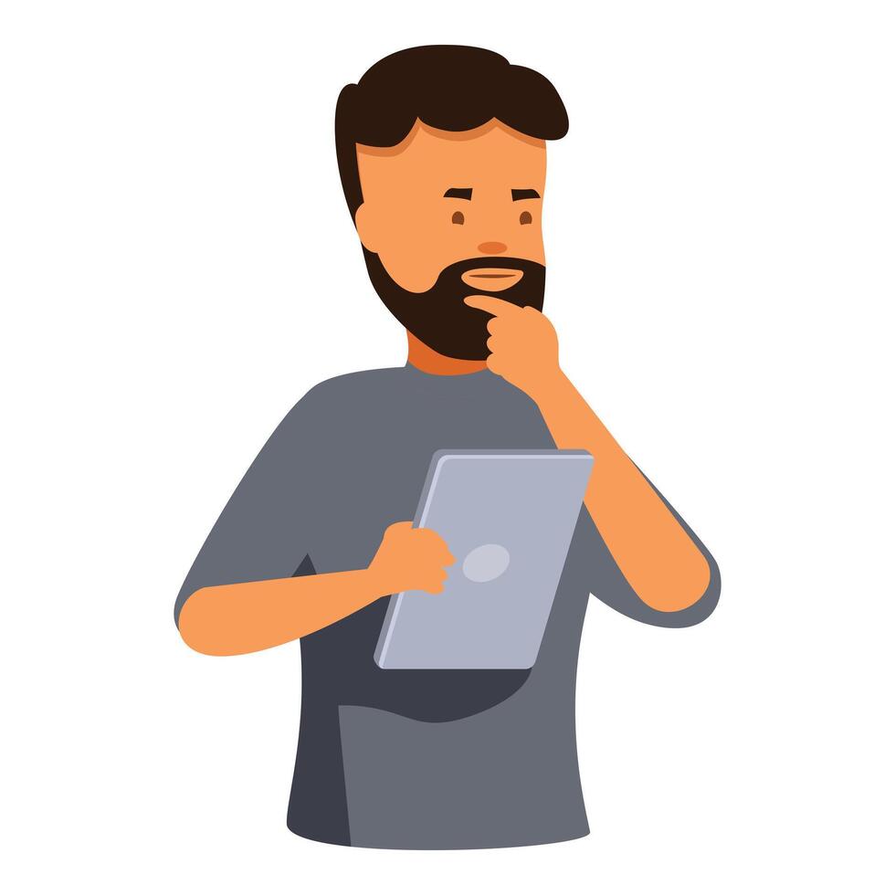 Pensive bearded man using tablet and thinking deeply vector