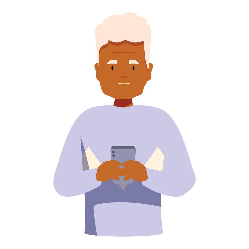 Smiling senior man using smartphone, modern communication and technology vector