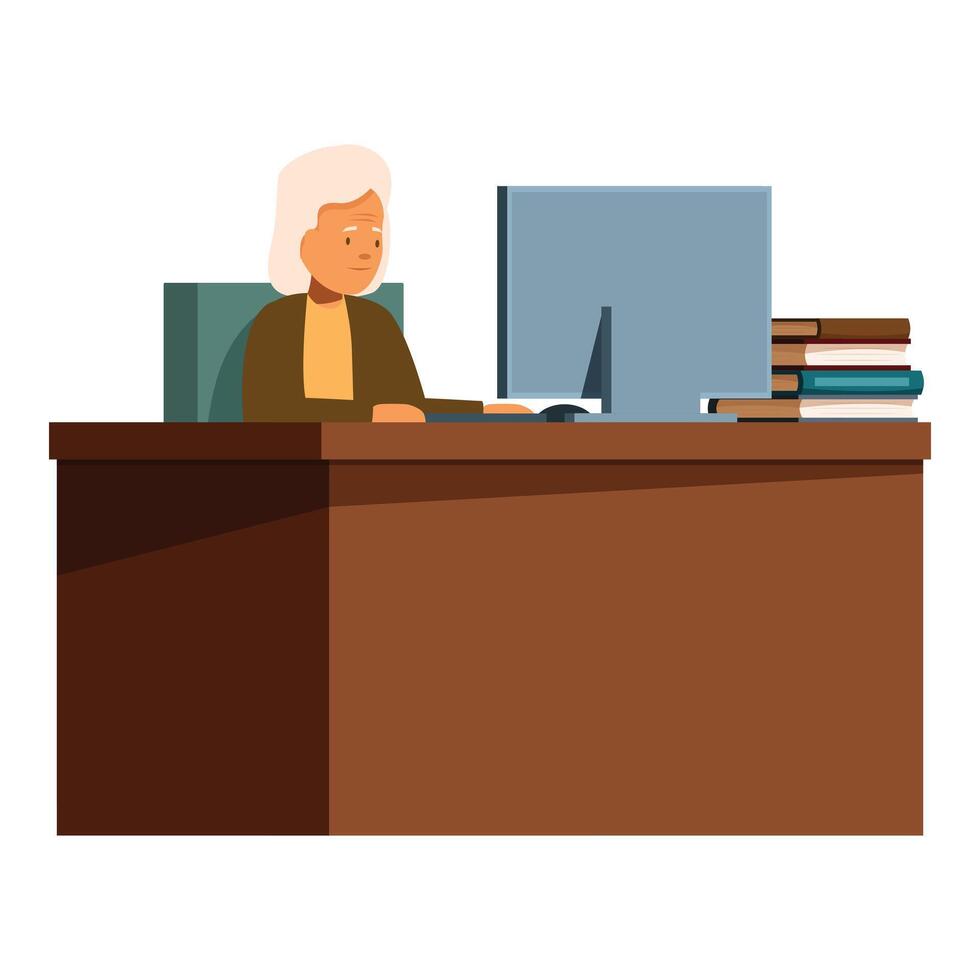Senior woman working on computer at office desk vector