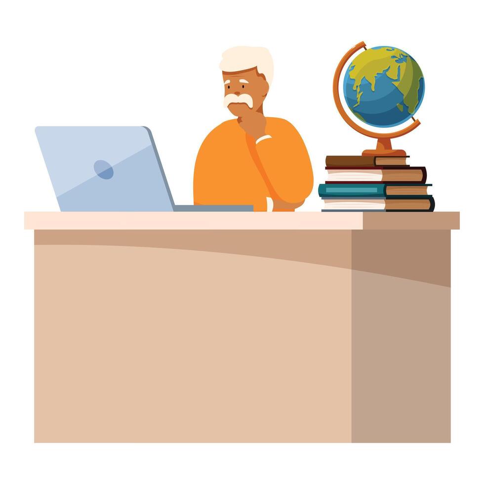Senior professor thinking and working with laptop at desk with globe and books vector