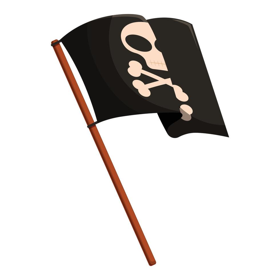 Black pirate flag with skull and crossbones waving on wooden pole vector