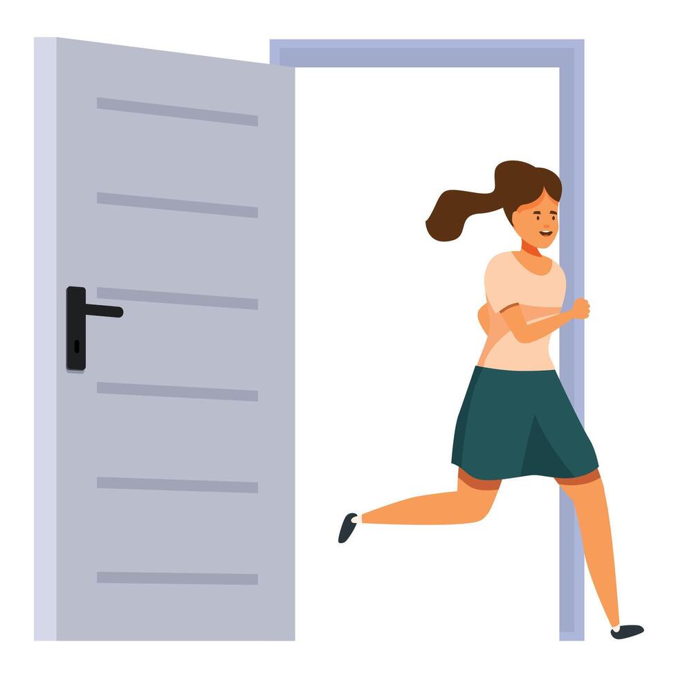 Happy woman running out open door into new opportunities vector