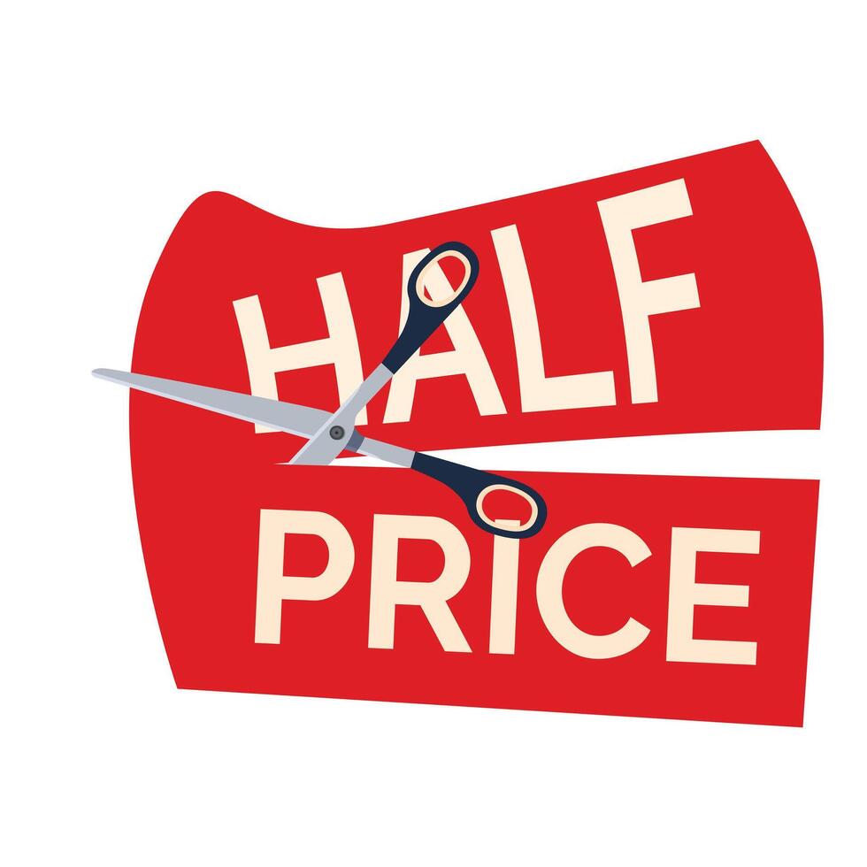 Scissors cutting half price sign showing discount offer vector