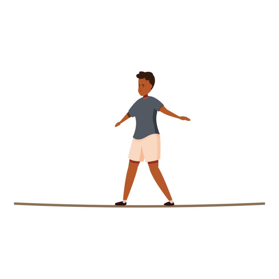 Young man carefully walking on tightrope balancing and maintaining equilibrium vector