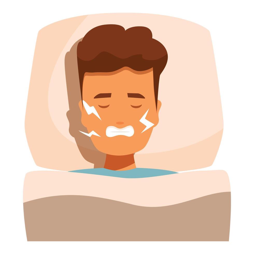 Man grinding teeth while sleeping, bruxism symptom, teeth problems concept vector