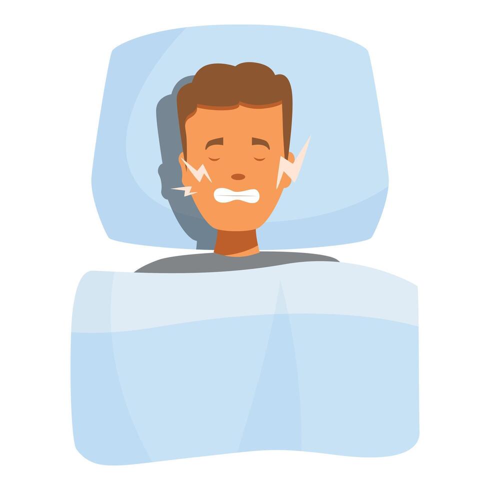 Man experiencing teeth grinding while sleeping in bed, bruxism concept vector