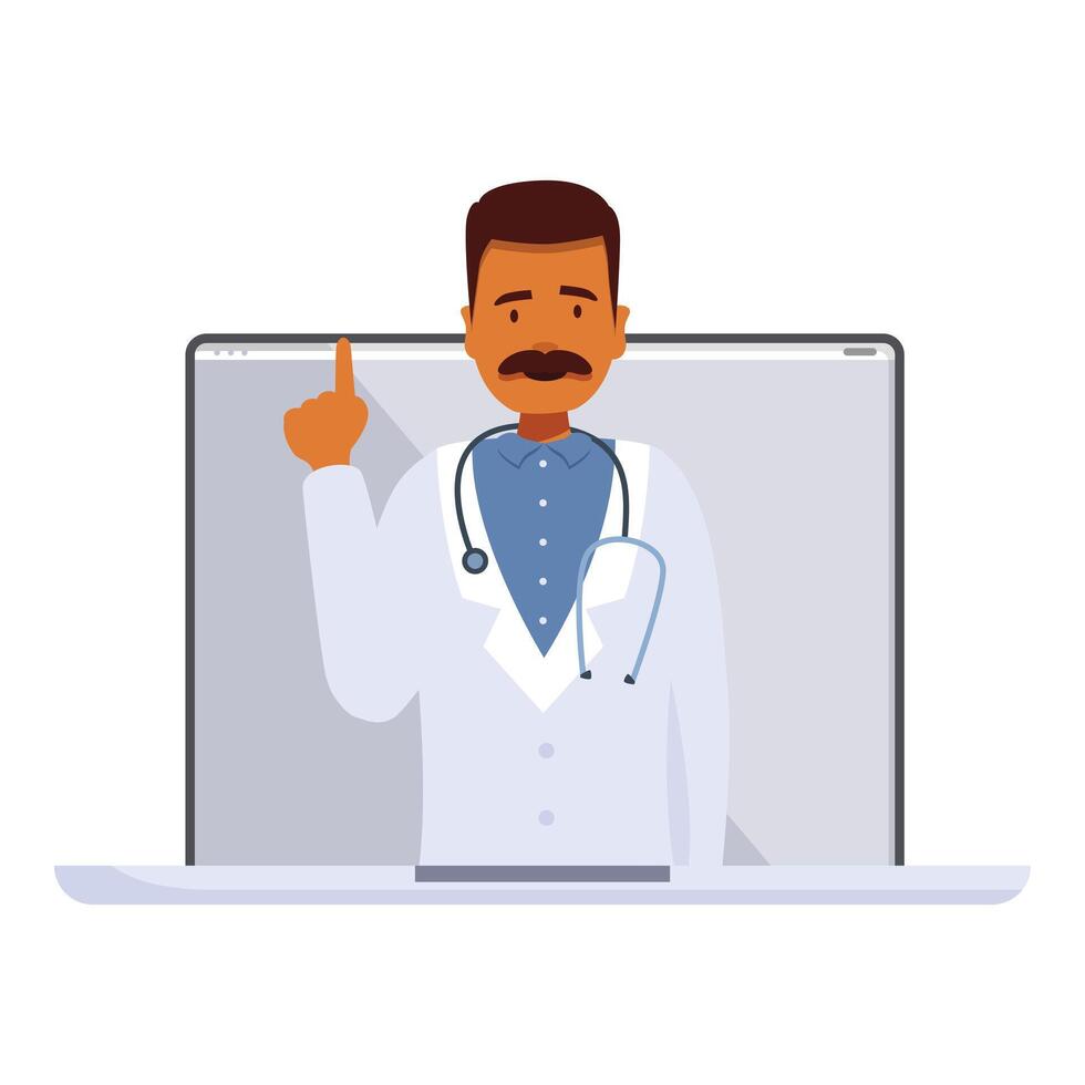 Doctor pointing up appearing from laptop screen during a call vector