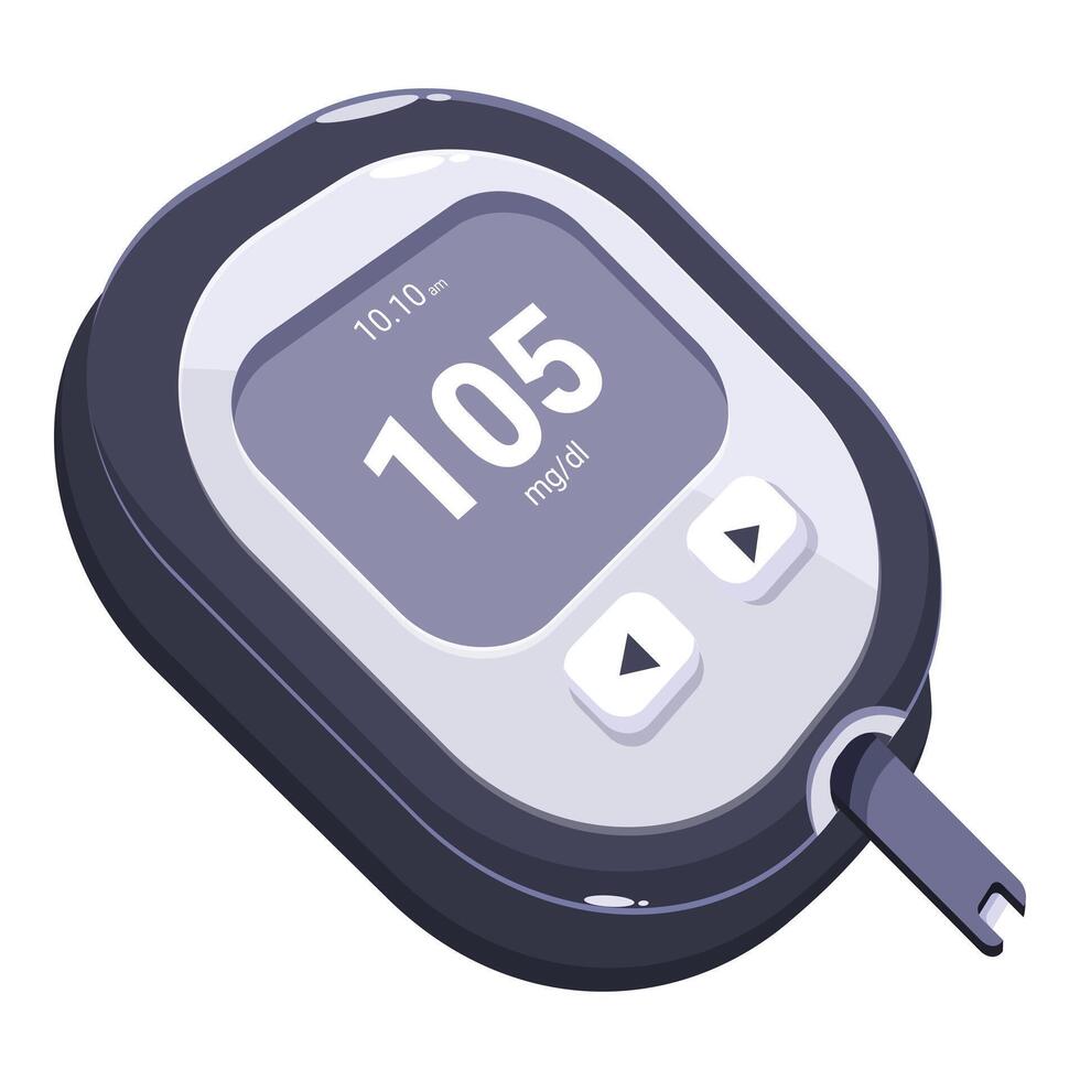 Glucose meter showing blood sugar level reading at 10,10 am, measuring glucose concentration vector