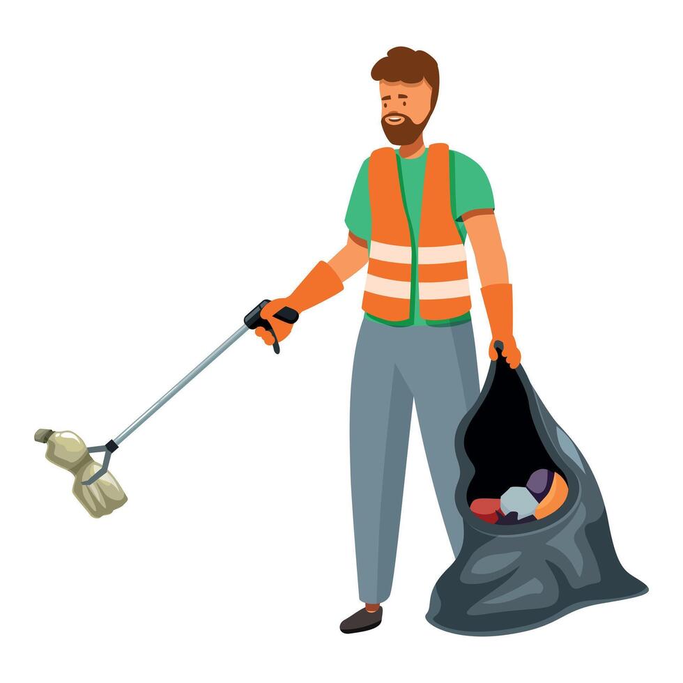 Volunteer collecting trash with picker and garbage bag, environmental protection vector
