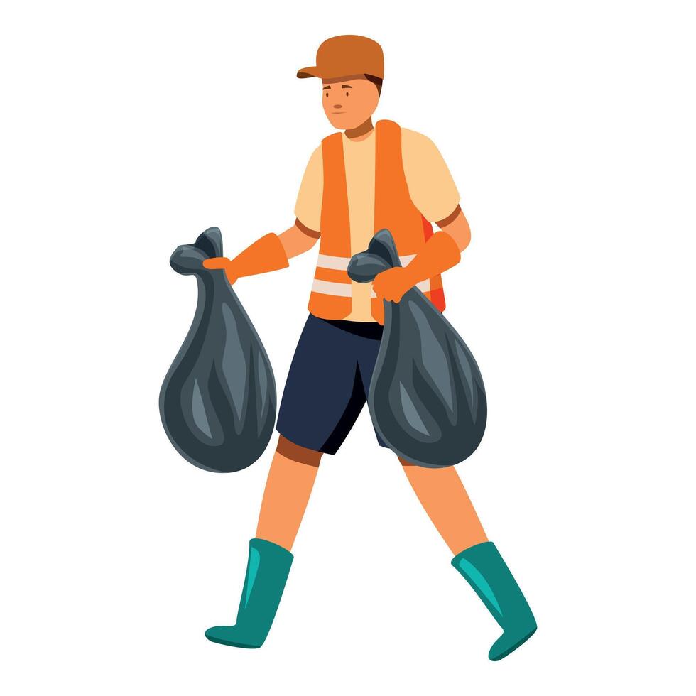Man working as garbage collector carrying two black garbage bags vector