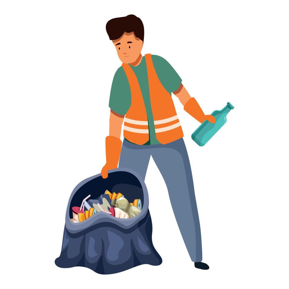 Man collecting trash into garbage bag, cleaning service picking up litter vector